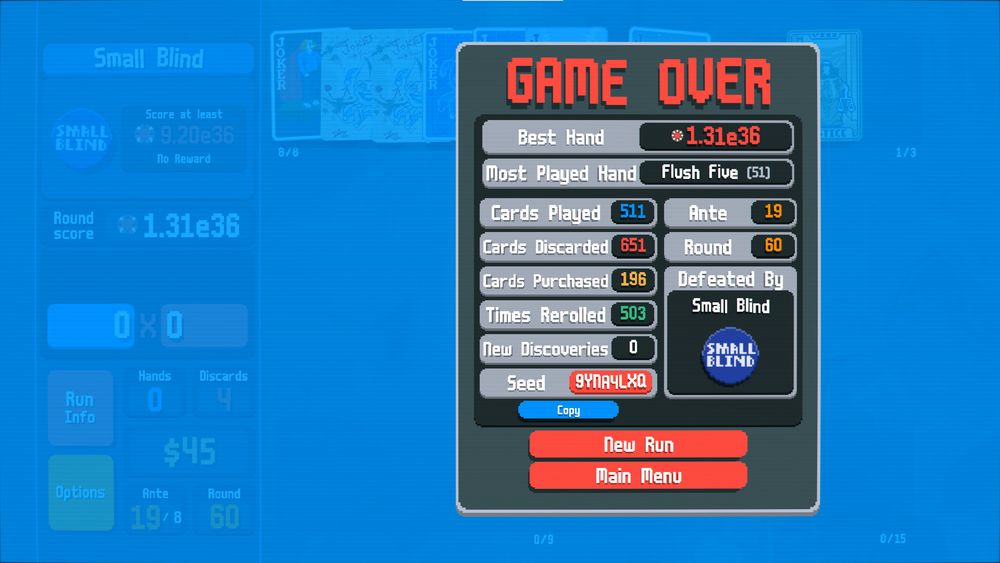 A screenshot of the game Balatro. The screenshot shows the game over screen.