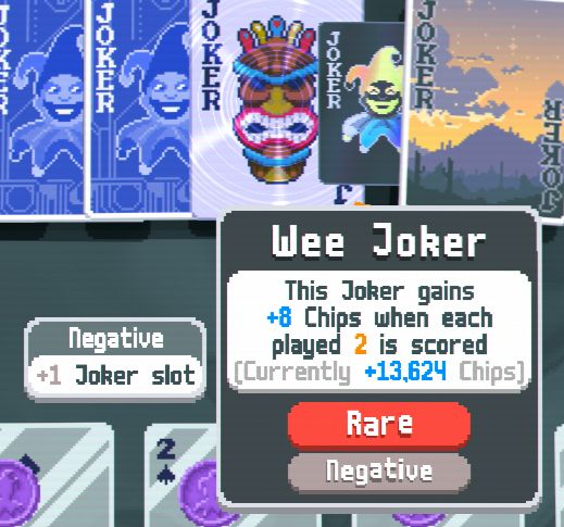 A cropped screenshot of the game Balatro. In this screenshot, we see two blueprints, a foil idol, a negative wee joker and dusk. There is a text box that reads:

Wee Joker
This joker gains +8 chips when each played 2 is scored (Currently 13,624 chips)

Negative
+1 Joker slot