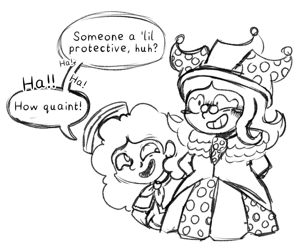 A sketch of Perkeo from Balatro and my OC, Dotty. There is a speech bubble from Perkeo which reads "Someone a 'lil protective, huh? Hahaha!! How quaint!"