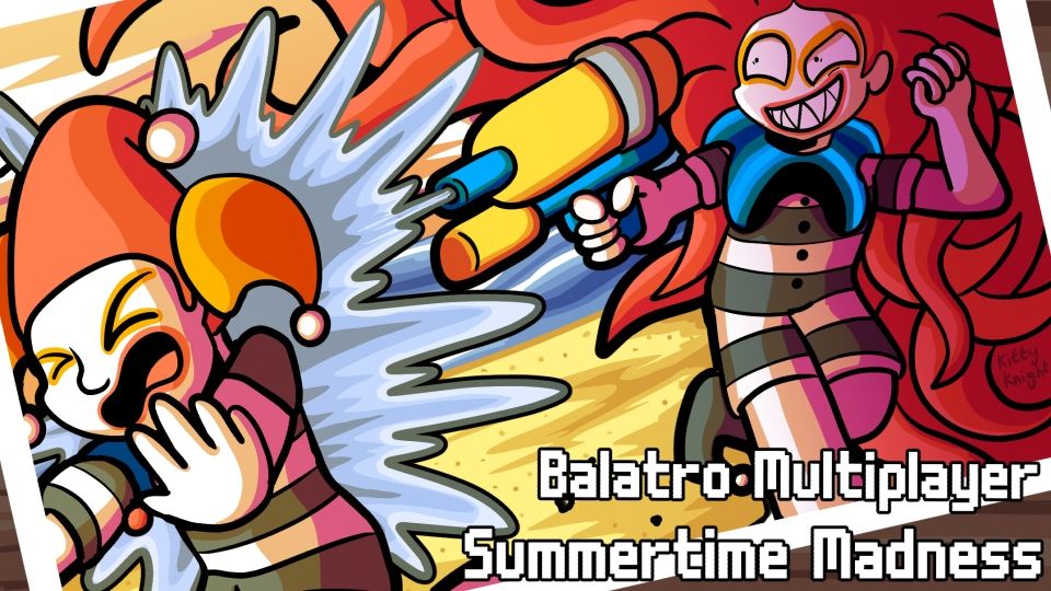 A cartoon drawing of the jokers Madness and Jimbo from Balatro. Madness is shooting a water gun at Jimbo.
