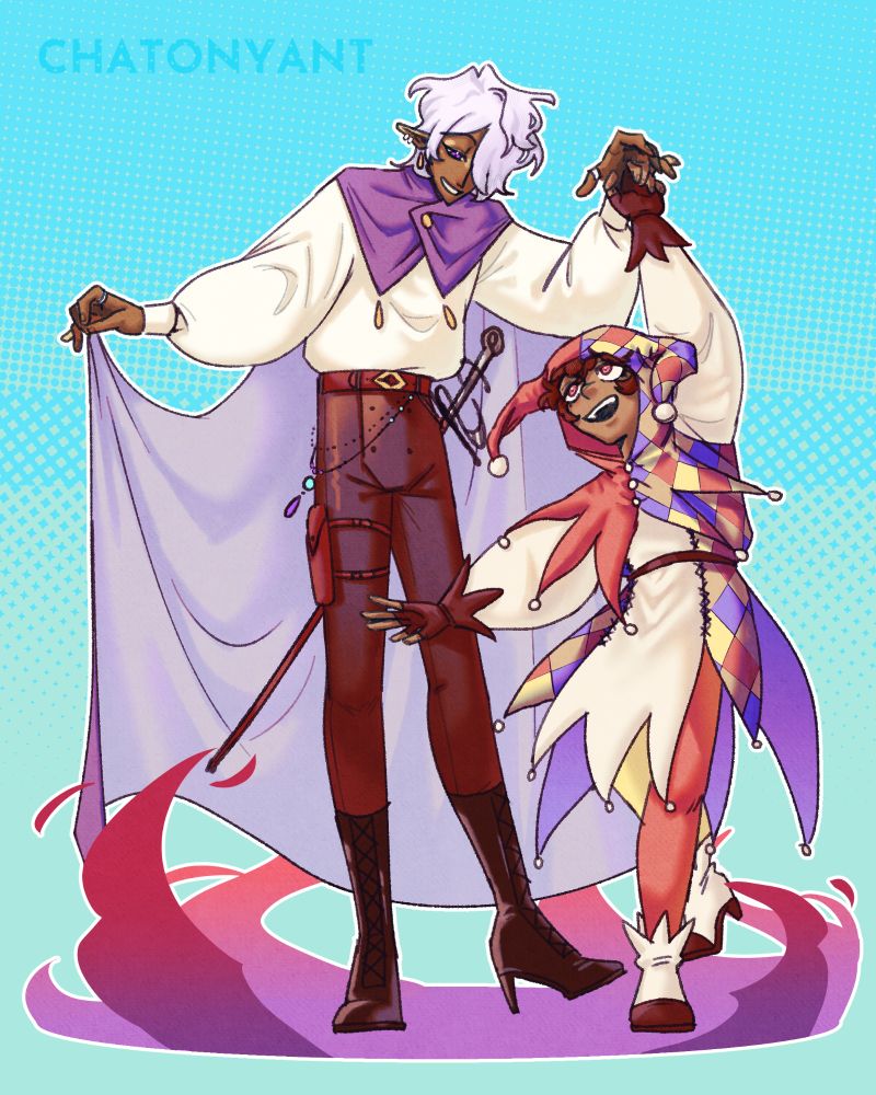 A tall elf is twirling an elf/half-foot. The elf is dressed in a cape that he is holding as if picking up a long skirt and the half-foot is dressed like a jester. Both are smiling and having fun.