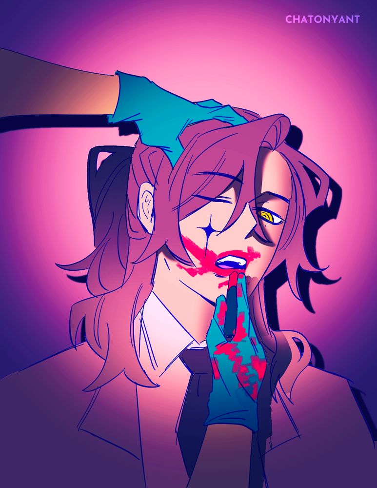 Character with their head tilted to the side by a hand with latex gloves. Another gloved hand is messily applying lipstick. The character looks disinterested. Everything is set in slightly dramatic lighting.
