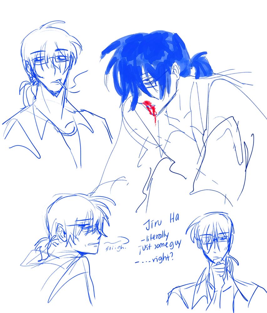 Various sketches of a tired looking person with square glasses. In one they are seen smoking and in another they are seen with a nosebleed. They have heavy eyebags and looks vaguely tired and disgusted at everything. There are notes saying "Jiru Ha. Literally just some guy. ....right?"