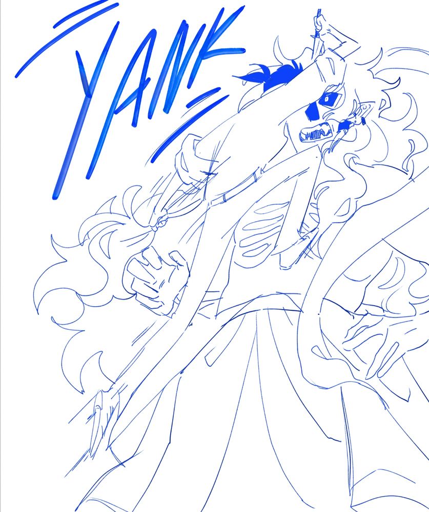 Sketch of Jiru yanking on GK's hair to leap up to his height. Jiru is clearly smaller and is holding a knife to GK's face, who looks shocked by it all.