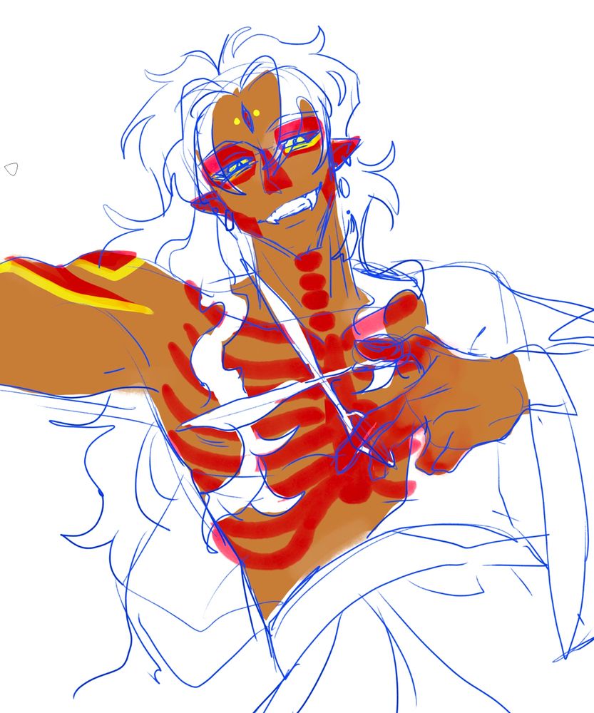 Half-colored sketch of God-King. He looks smug and holds a pair of scissors. He is dressed in robes that have fallen off his frame, showcasing his large body and also red markings that look like a skull on his face and parts of his spine and ribs on his torso. He has long, wavy hair and fangs.