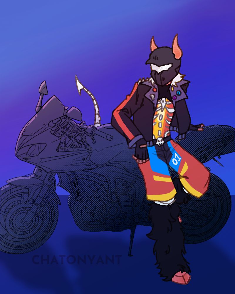 A demon dressed in racing clothes leans against his motorcycle. He wears a helmet with horns peeking up and fluffy legs with what seems to be hooves. 