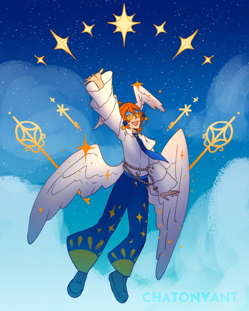 A cheery person with a pair wings on her head and back. They wear orange and blue tinted sunglasses and wear sun and star themed pants. Posed with a hand up against a blue sky and clouds, its surrounded by keys and stars. 