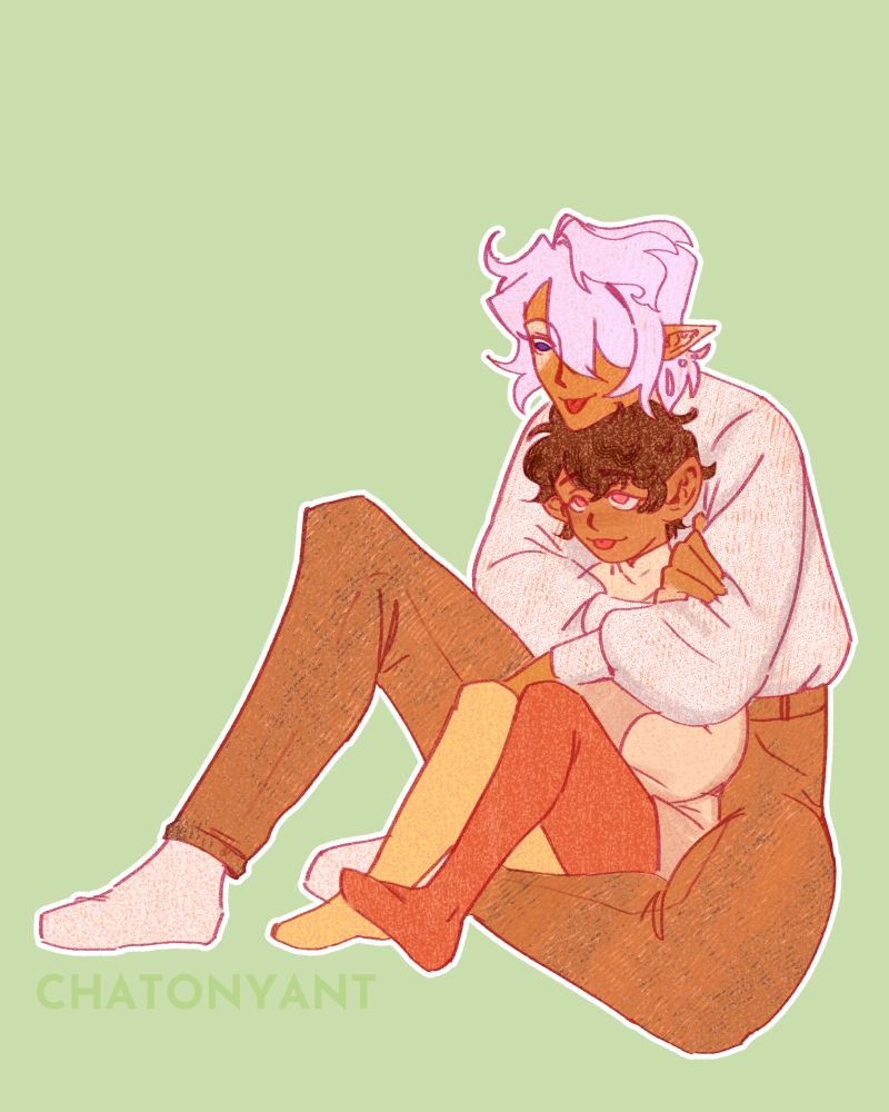 An elf is hugging a elf/half-foot in his lap, with both sticking their tongues at each other. It is a cute, sibling-like vibe.