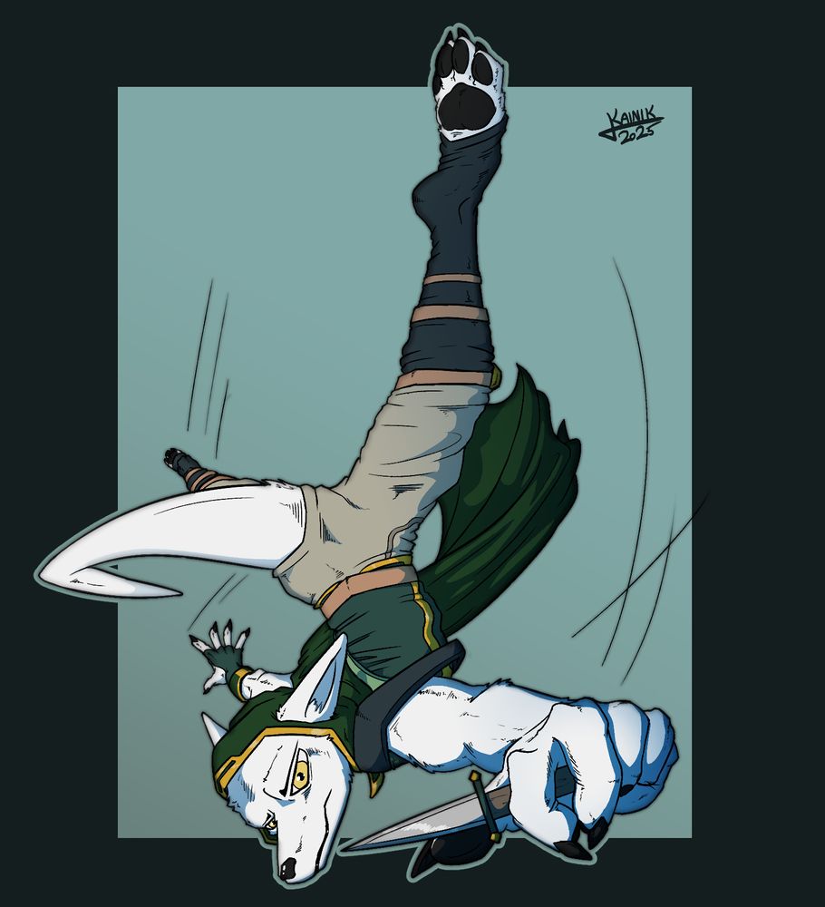 An art fight attack for Hex of a white jackal character wearing a green shawl, brown pants and black socks flipping around whilst holding a dagger