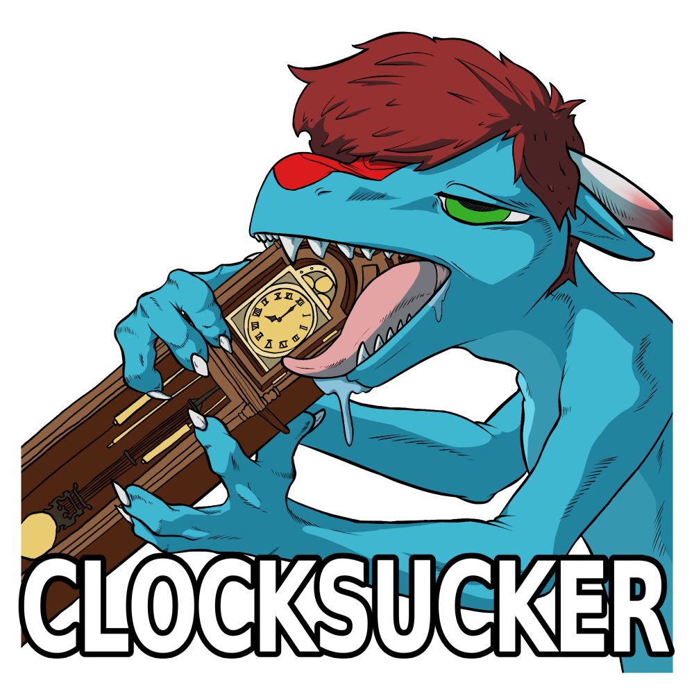 A blue kobold sucking a clock. The bottom text says “clocksucker”