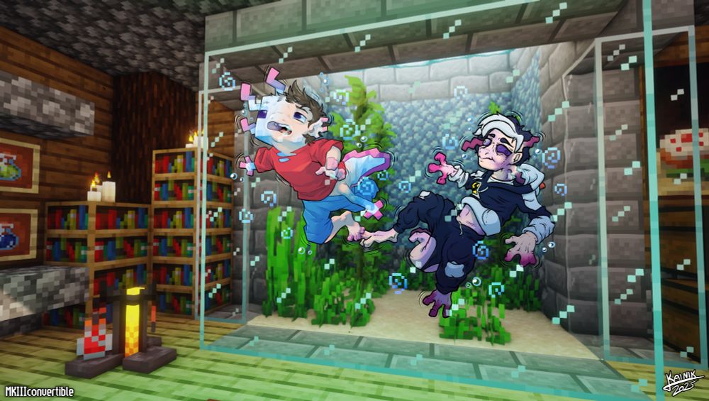 Two humans, trapped inside of an aquarium inside of Minecraft, transforming into Minecraft Axolotols.