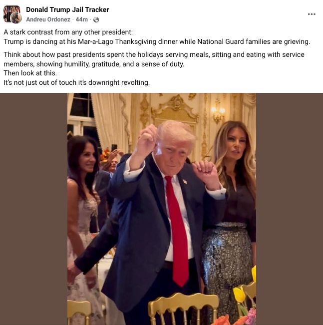 Trump dancing at Mar a Lago, while it is announced that a 20 yr old NG died from gunshot wounds in DC, where she never should have been. 