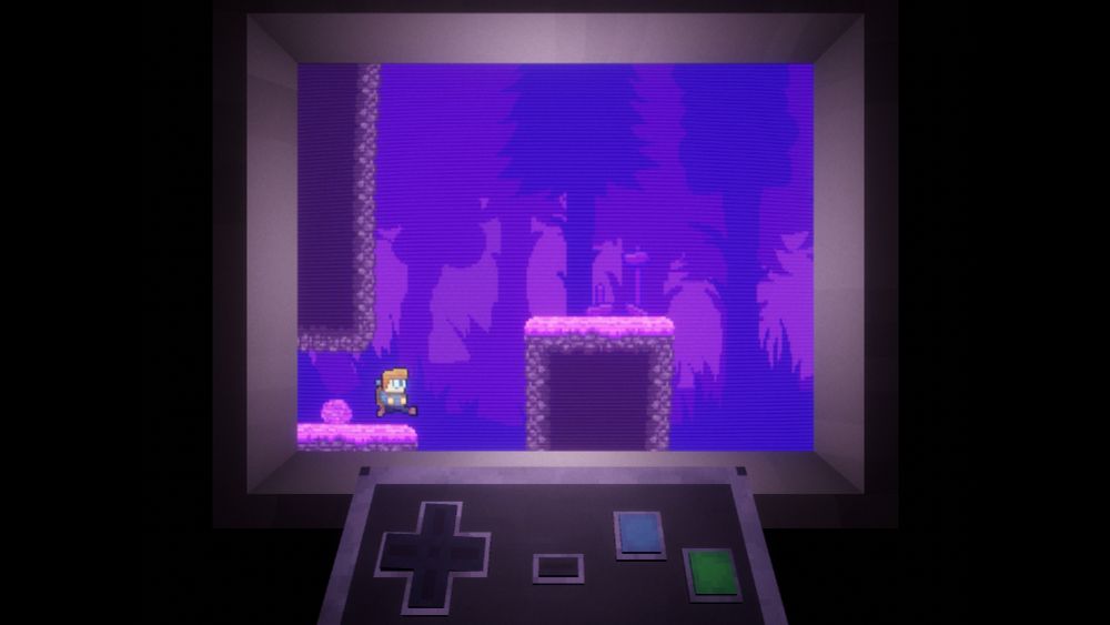 a first person view of an old boxy television, with a controller held close to the viewer. onscreen is a platformer game set in a purple-tinted forest, with an hiker player character standing running towards a short jump over an empty void