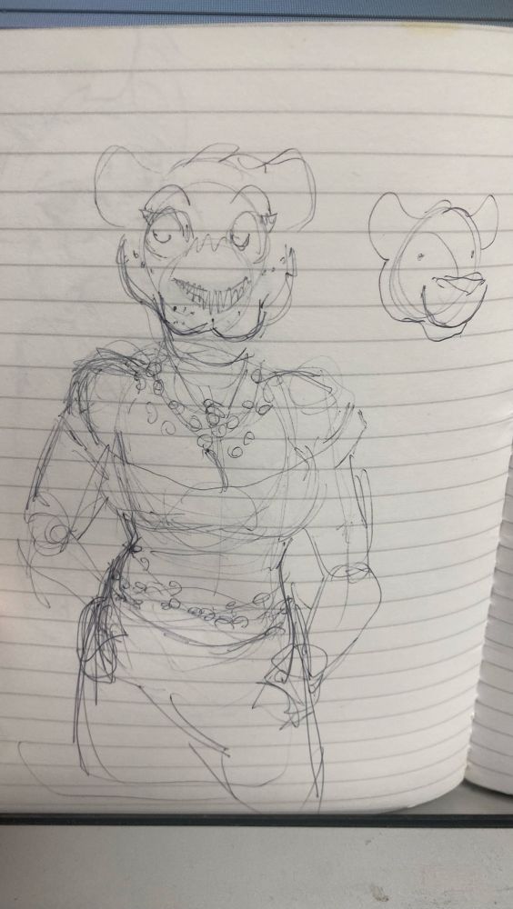 Thalia, my lioness character roughly sketched in a dress and several beaded necklaces haphazardly drawn