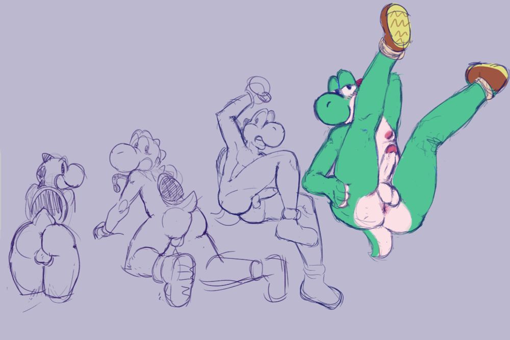 various sketches of Yoshi in playful pinup poses.