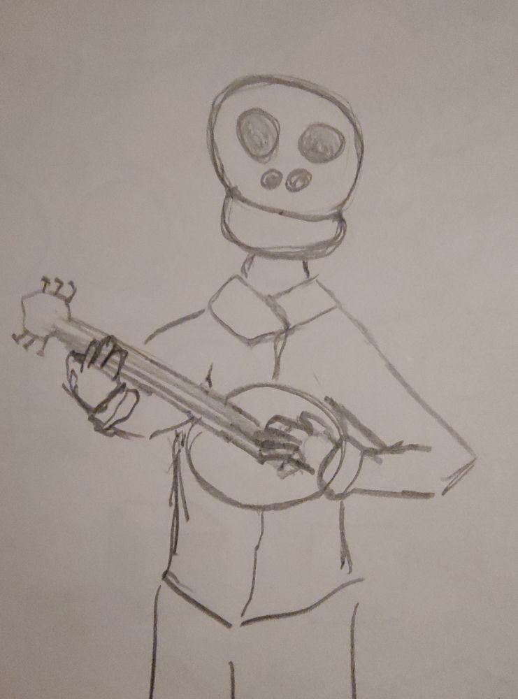 Drawing of a guy with a cartoonish looking skull for a head, playing a banjo looking instrument with six strings. 