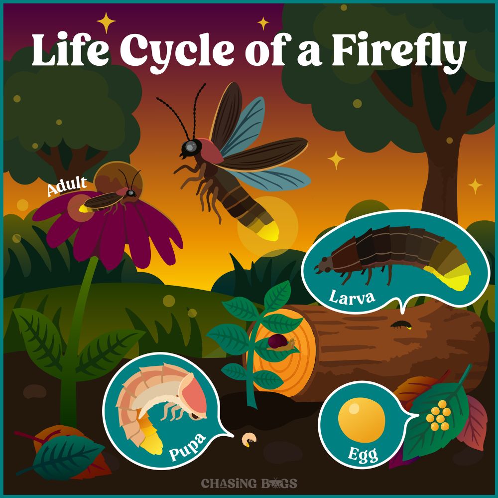 Colorful poster showing the four distinct life stages of a firefly—egg, larva, pupa, adult—in a natural habitat with leaves, logs, trees, and tall vegetation. 