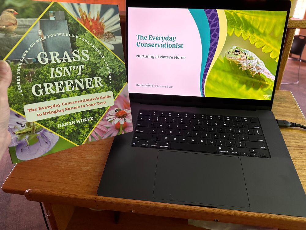 A laptop displaying a PowerPoint presentation title slide with the title “The Everyday Conservationist” and a photo of a gray tree frog next to a book entitled Grass Isn’t Greener. 