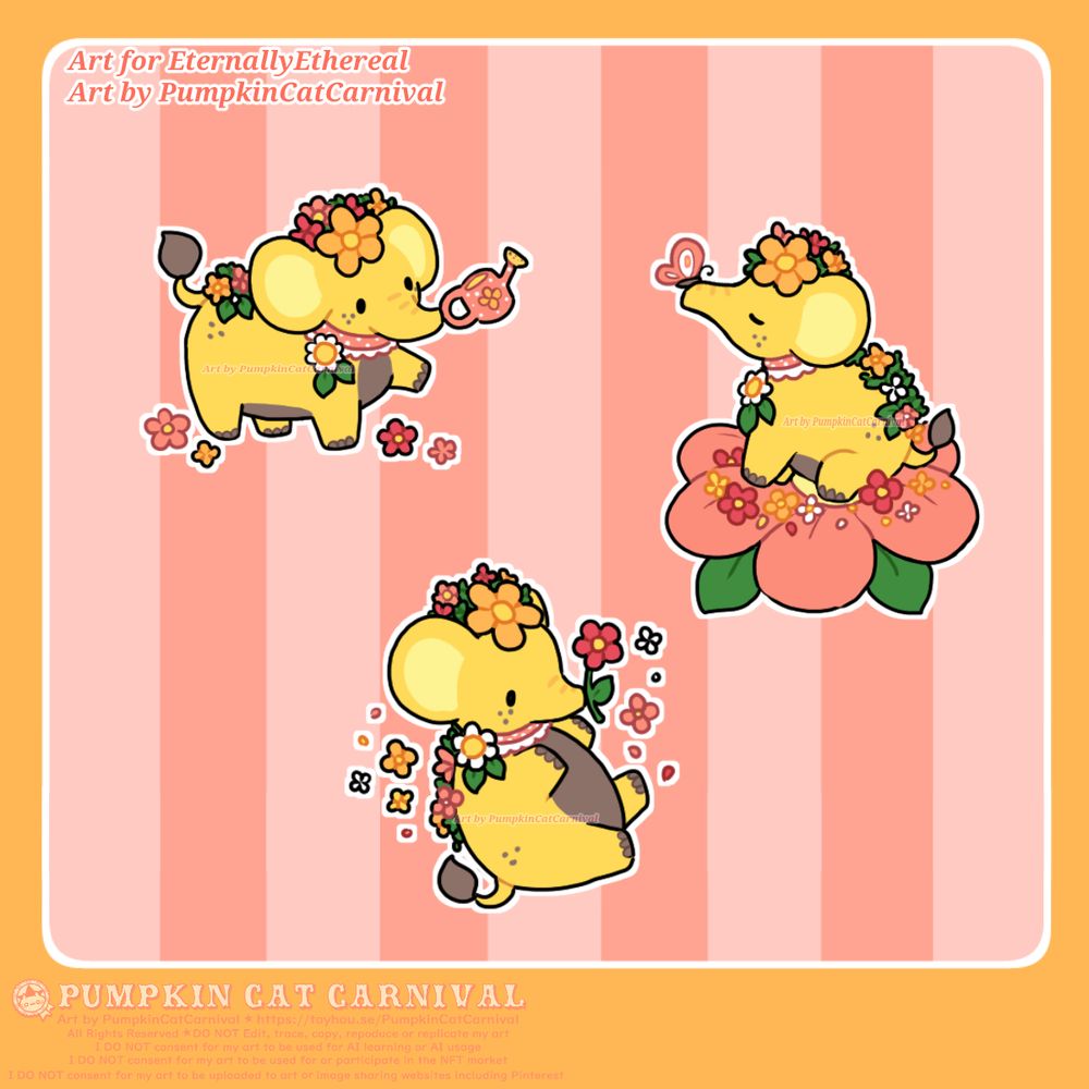 Three digital illustrations of a yellow elephant decorated with flowers drawn in a simple style. 