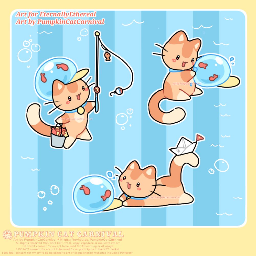 Three digital illustrations of an orange cat with a large hat that is a water droplet with two fish inside, drawn in a simple style. They have a bucket of fish and a fishing rod.