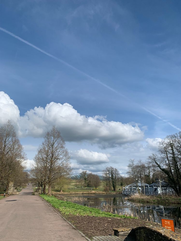 A blue sky with some clouds over a lake at the National Botanic Gardens of Wales 