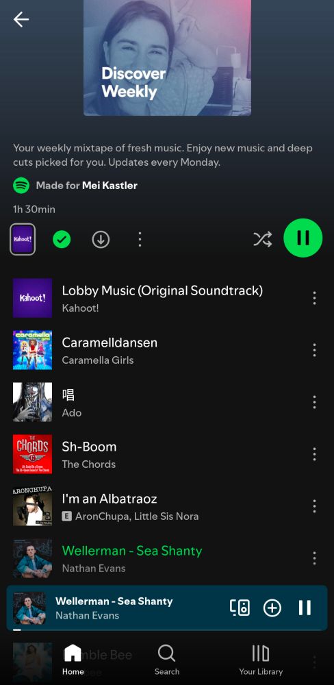 Spotify Discover Weekly screenshot with the songs visible top to bottom are: Lobby Music by Kahoot, Caramelldansen by Caramella Girls, Uta by Ado, Sh-Boom by The Chords, I'm an Albatraoz by AronChupa and Little Sis Nora, and Wellerman - Sea Shanty by Nathan Evans. 