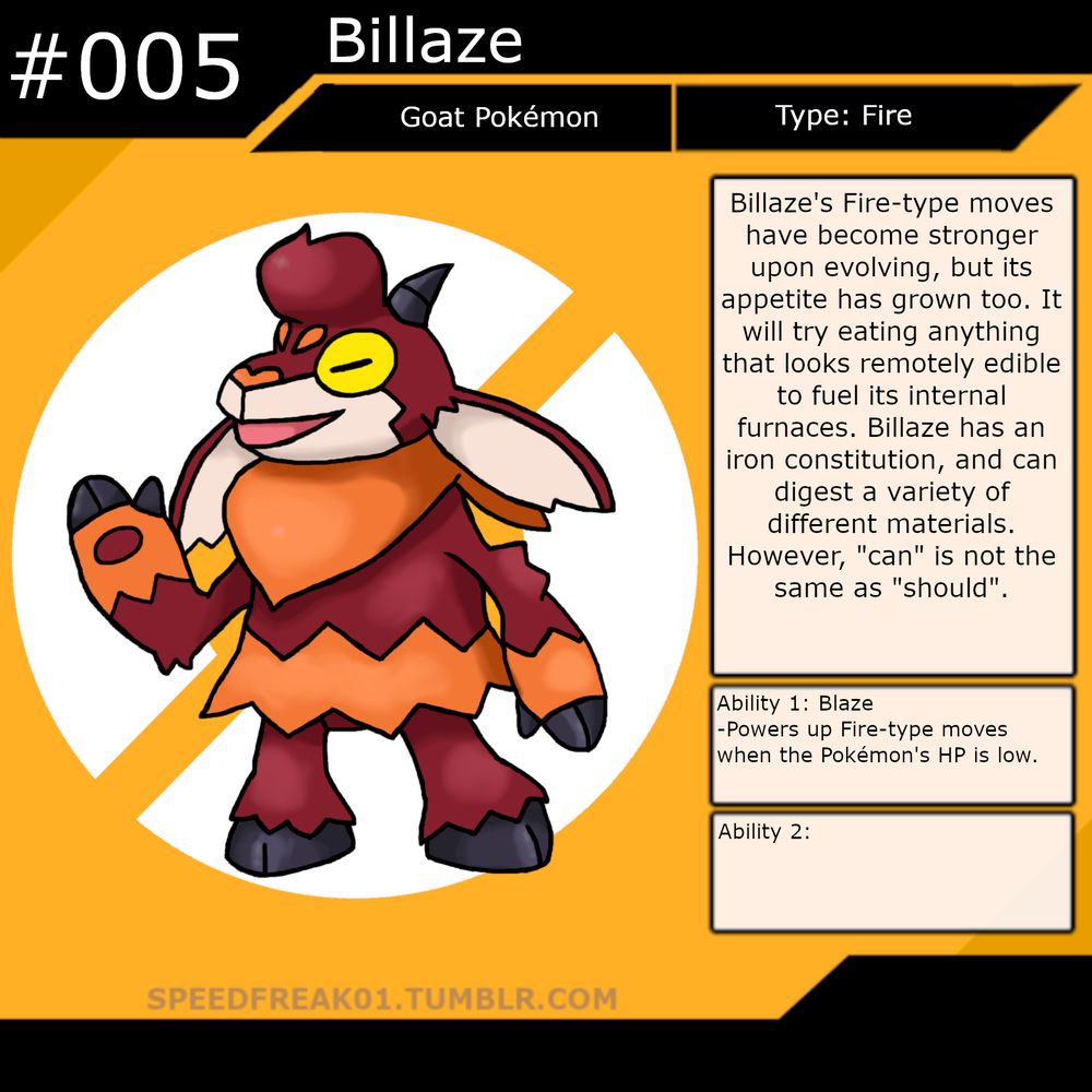 Billaze, a Fire-type goat Pokémon. Ability 1: Blaze -Powers up Fire-type moves when the Pokémon's HP is low. Dex entry: Billaze's Fire-type moves have become stronger upon evolving, but its appetite has grown too. It will try eating anything that looks remotely edible to fuel its internal furnaces. Billaze has an iron constitution, and can digest a variety of different materials. However, 