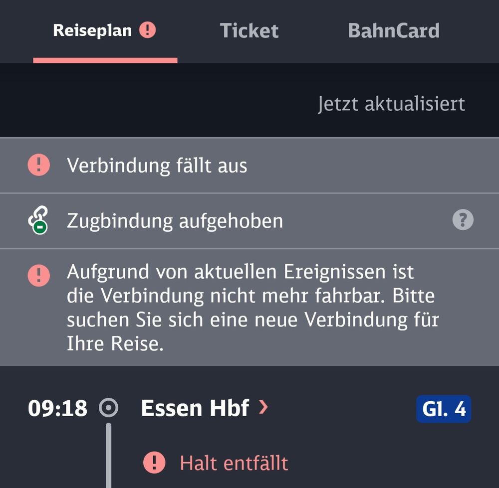 Screenshot of train app announcing that my train is canceled 