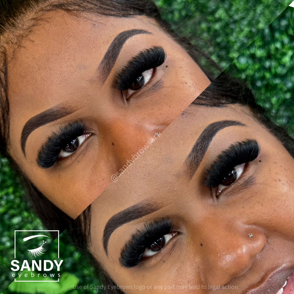 Professional beauty transformation featuring perfectly threaded and tinted eyebrows with concealer cleanup and voluminous fluffy cluster lashes at Sandy Eyebrows, 5886 Cheviot Rd Cincinnati Ohio 45247