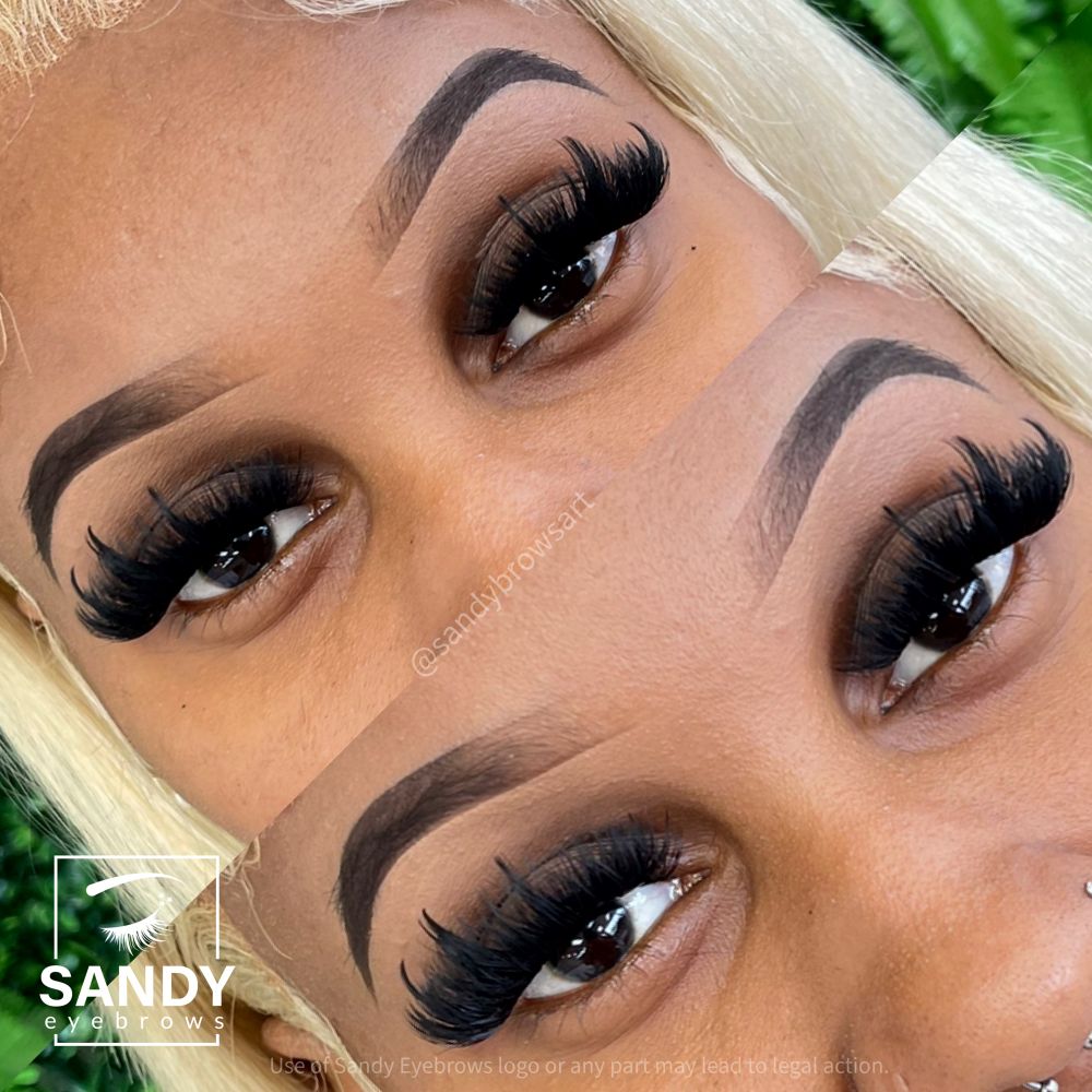 Beautiful threading results featuring eyebrow artistry, pencil work, concealer application, and premium cluster eyelash extensions at Sandy Eyebrows, 5886 Cheviot Rd Cincinnati Ohio 45247
