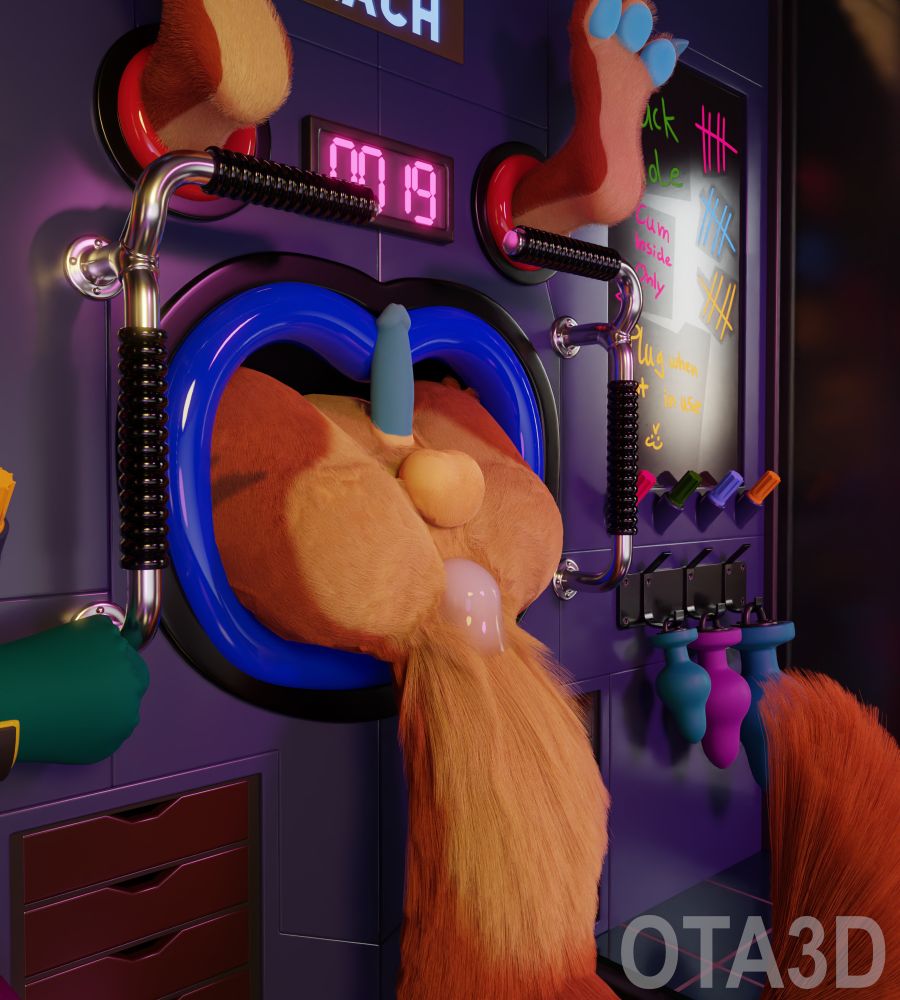 Zach the kangaroo’s butt feet and tail exposed through a wall. There is a pool of cum at the base of his tail.  This is a shot of a 3d rendered scene from the left side.