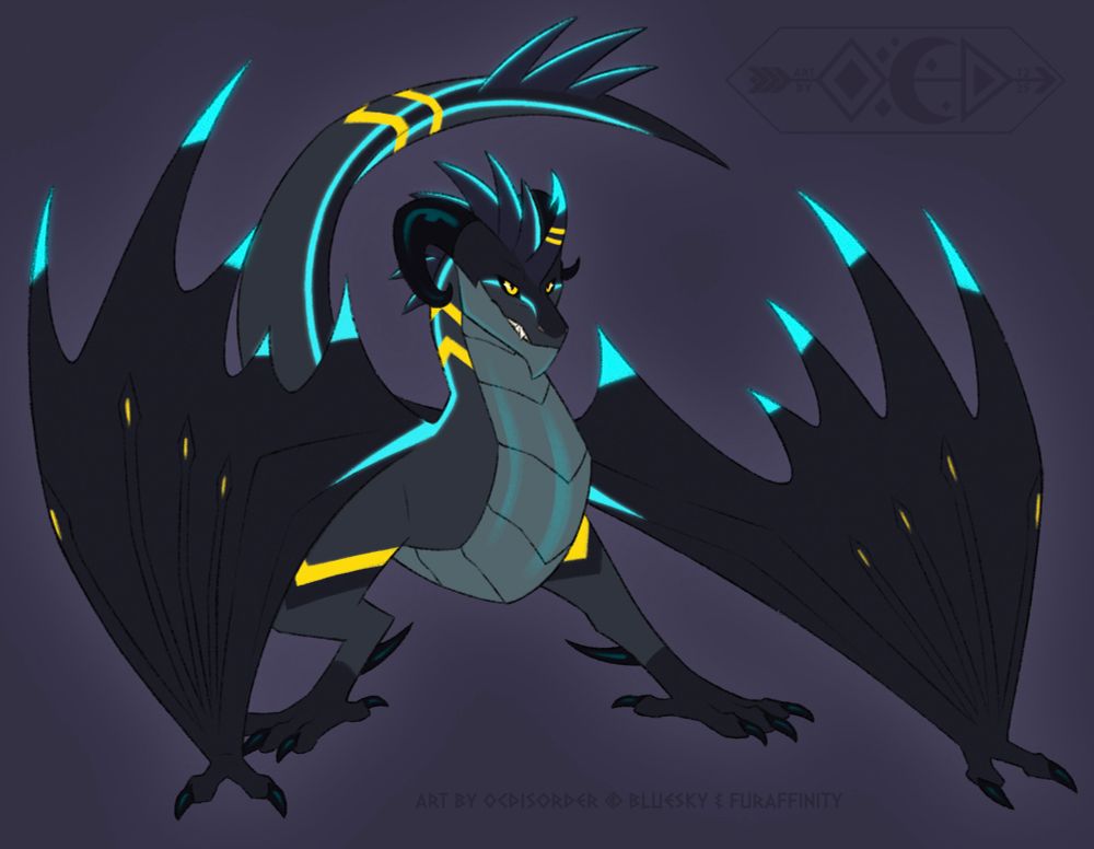 Oc belongs to synthyx. A dark stormy grey dragon named Onyx, with bright yellow and blue contrasting features, poses with anticipation and has a determined expression with a slight grin. 