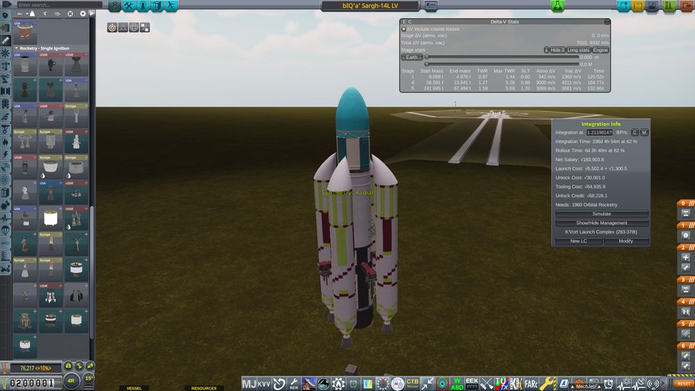 A 241 Tonnes rocket standing at 23.7 meters in Height, 8.9 meters in Width, and 8.9 meters in length. It has 4 LR87-AJ-1 liquid boosters colored in white, red, and green in various stripes, strapped onto a dual LR105-NA-3 Core Stage colored in black and white.  The upperstage is an XLR81-BA-5 (known as Agena-A). This stage is colored in cyan and a very light pink with the fuel tanks having the texture patterns of the Able upperstage used on the Thor-Able rocket, the XLR81-BA-5 is also covered by an interstage that is white and cyan. Atop the upperstage there is a completely Cyan fairing where payloads are put. The rocket is called bIQ'a' Sargh which is Klingon for badger, and it can lift 3.87 tonnes to Low Earth orbit.