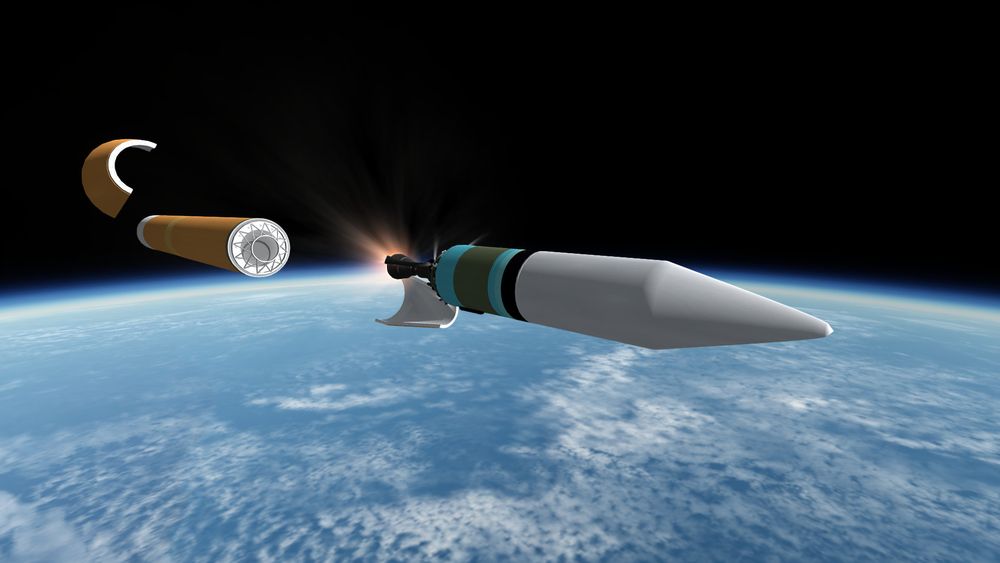 The Cyan and green upperstage separates from the booster/first stage, revealing an Agena rocket engine as it fires up, reading itself to reach orbit