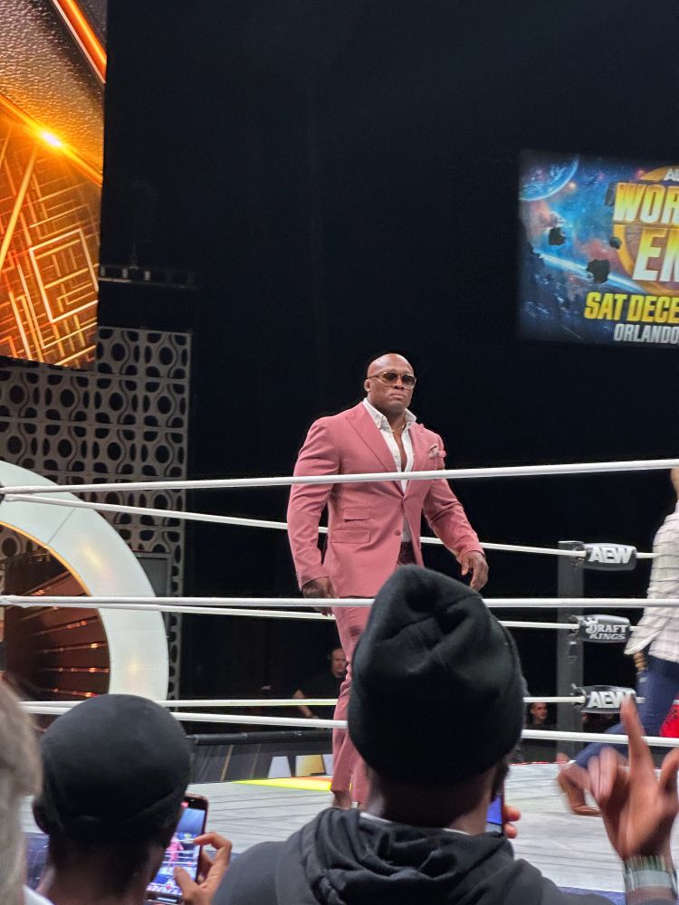 AEW’s Bobby Lashley stylin’ and profilin’ in a Salmon suit and shades. 