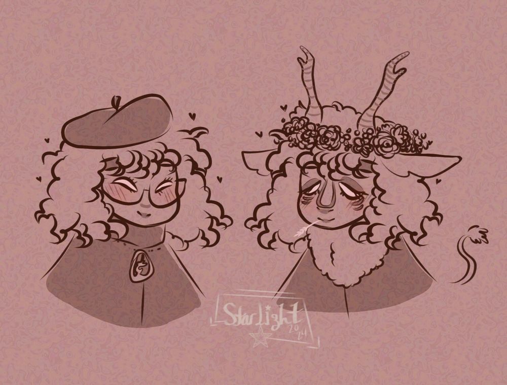 Two Sky characters (my sonas) looking at each other happily. one is some sort of cow and deer hybrid with a flower crown, tail and a straw piece coming from its mouth. The other character is a normal looking sky kid with a beret and a pendant. Both are the same height and have very curly hair and bangs.