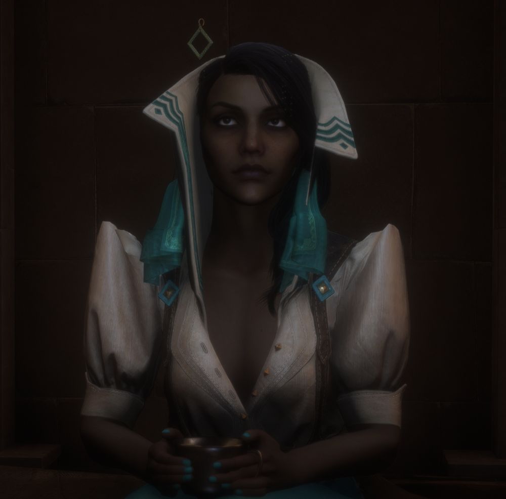Neve sitting on the bench in her office with a hilarious bug on her shirt, making the collar stretch almost past her head, making her look like she's wearing a hoodie, from the game dragon age the veilguard