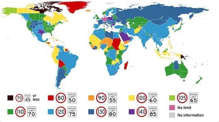 Weltkarte mit Tempolimit der einzelnen Länder