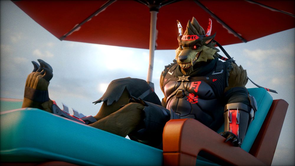 First glance looks to be Dire enjoying some time near the shoreline, till the horns, the eyes, and the burned in scar begin to take detail. It's no surprise that the demon wolf would be just taking in some nice breeze and warm sun, just don't bother him for too long though or you might end up with a situation.

Done by @WolfGod64CL on twitter, check him out.