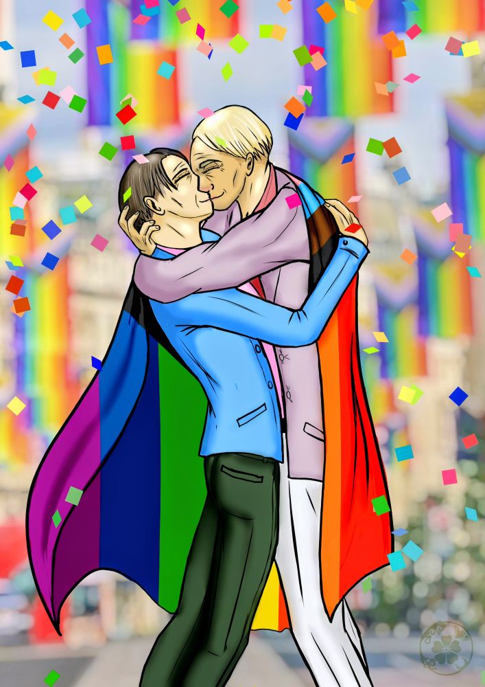 Erwin Smith and Levi Ackerman as old men, covered in a Pride flag and surrounded by colorful confetti 