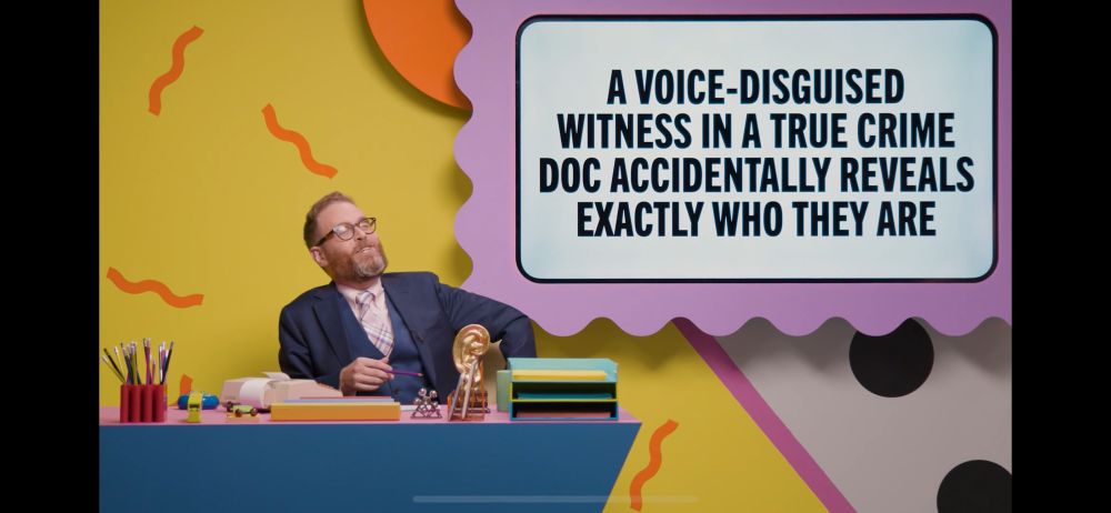 A screencap of Dropout’s Make Some Noise where the prompt on the screen is “a voice-disguised witness in a true crime doc accidentally reveals exactly who they are”