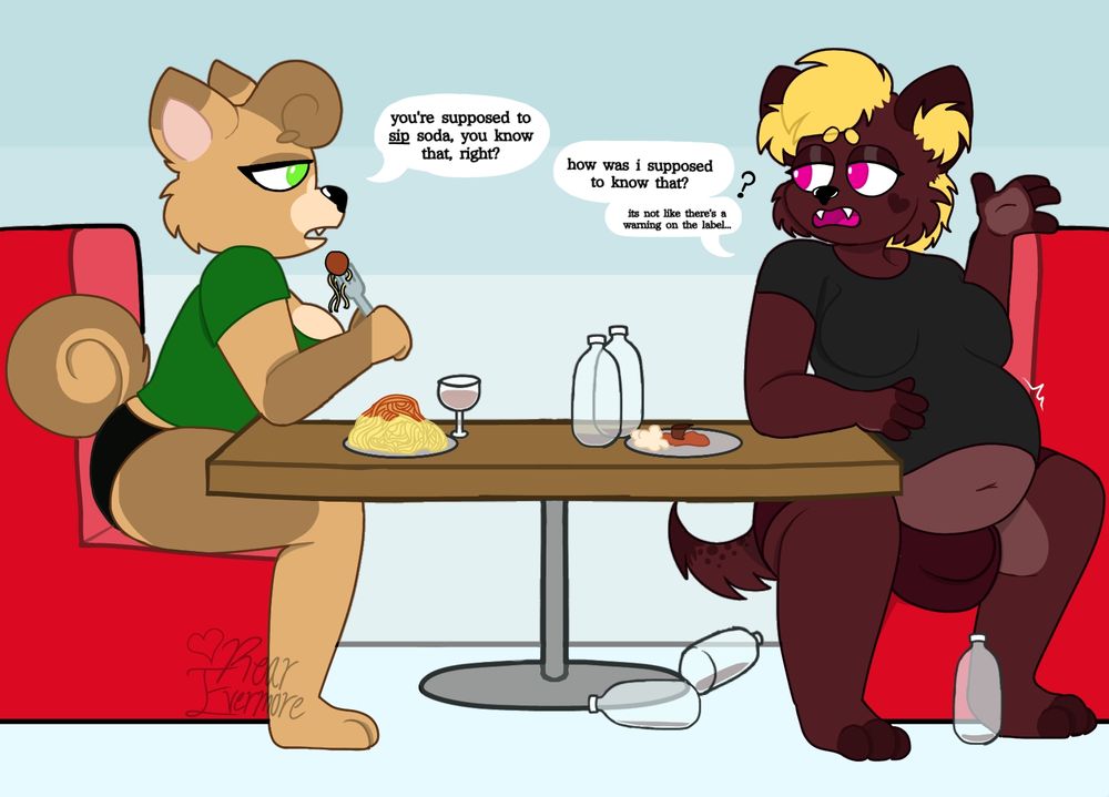 Two girls, a dog and a hyena sit at a diner booth. The dog, Sydney, says, "You're supposed to sip soda, you know that, right?" The hyena, Velvet, replies, "How was I supposed to know that? It's not like there's a warning on the label..."

Velvet has a bloated belly that sticks out from behind the table, and is surrounded by empty soda bottles.