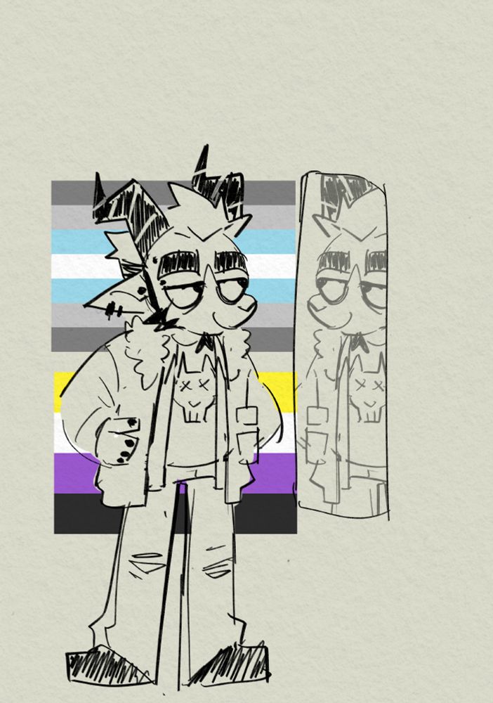 Same drawing, but now my fursona is blankly smiling to the mirror with the demiboy and non-binary flags popping up behind him