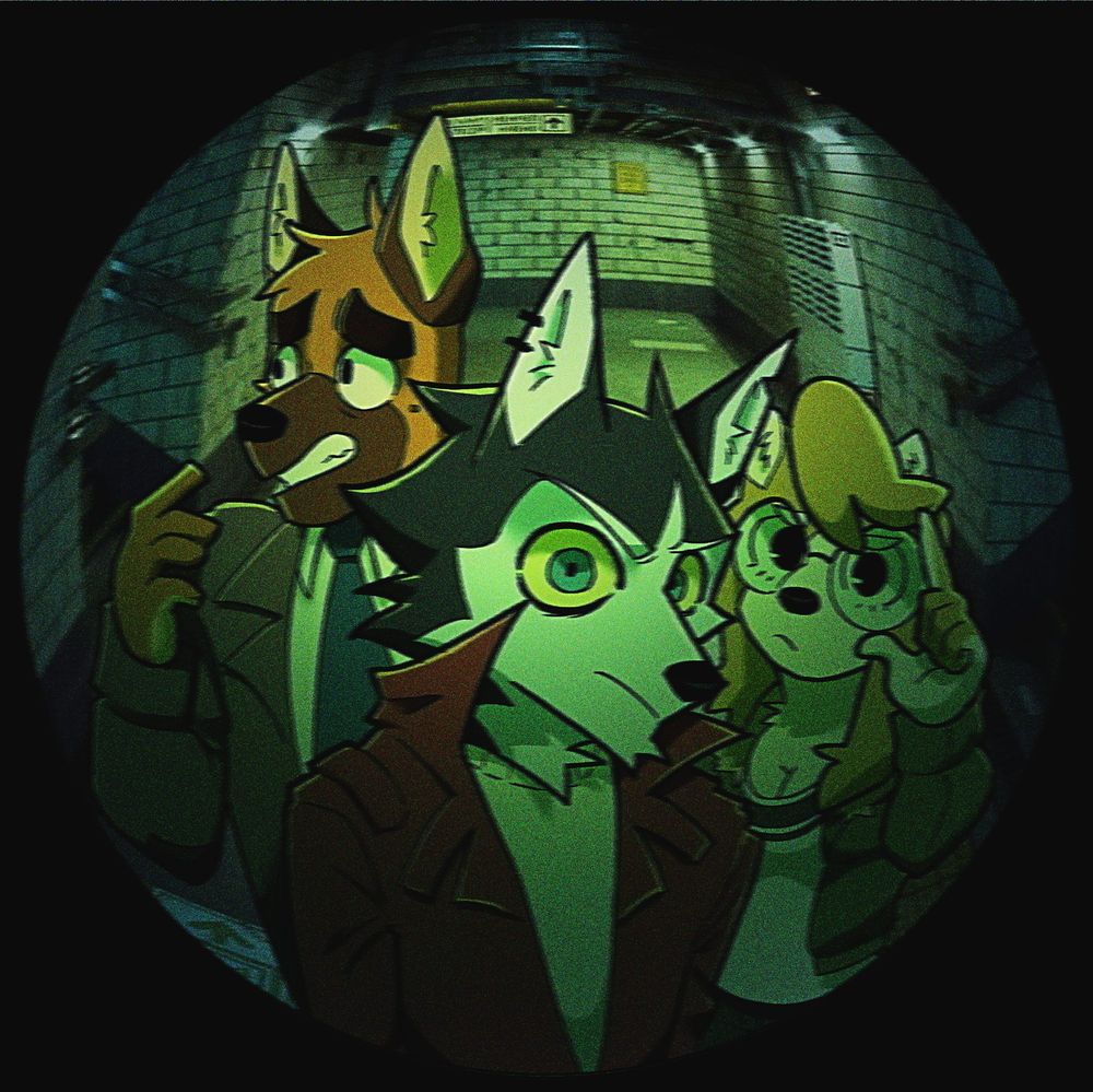 three anthropomorphic dogs in a dim-lit subway space, the composition locked in a fish-eye lens. the siberian husky, viktor, stands closer in the middle looking at the camera with a instigating look in his eyes. the shiba inu, maggie, stares the same spot while adjusting her large glasses. the german shepherd, felipe, looks to the side with an uneasy expression.