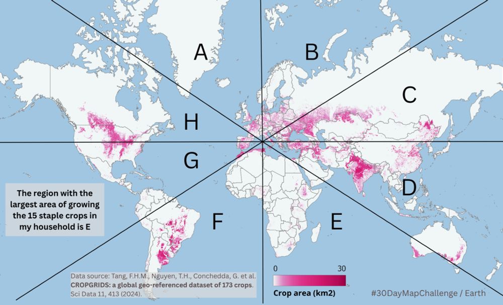 World map divided in 8 sectors labeled A to H clockwise. Map shows the prevalence of areas where my top 15 crops are grown, with dark pink representing the areas with highest crop density.
