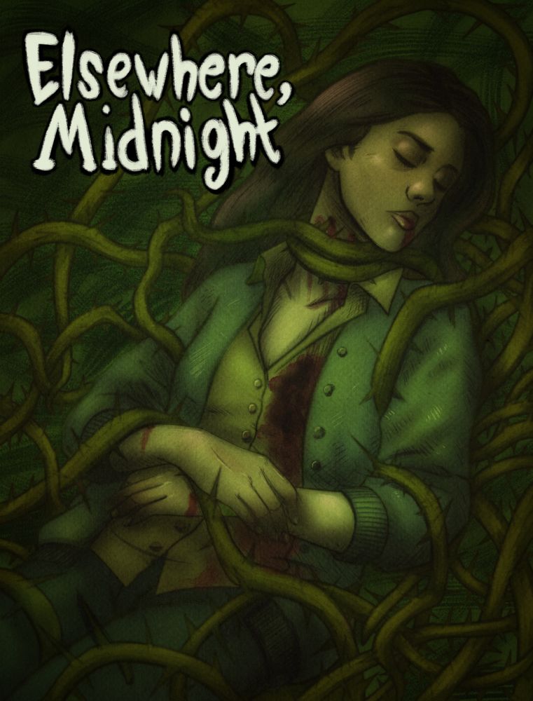 The Cover of Elsewhere, Midnight. A young woman lies in torpor surrounding by the Thorns within the Hedge.