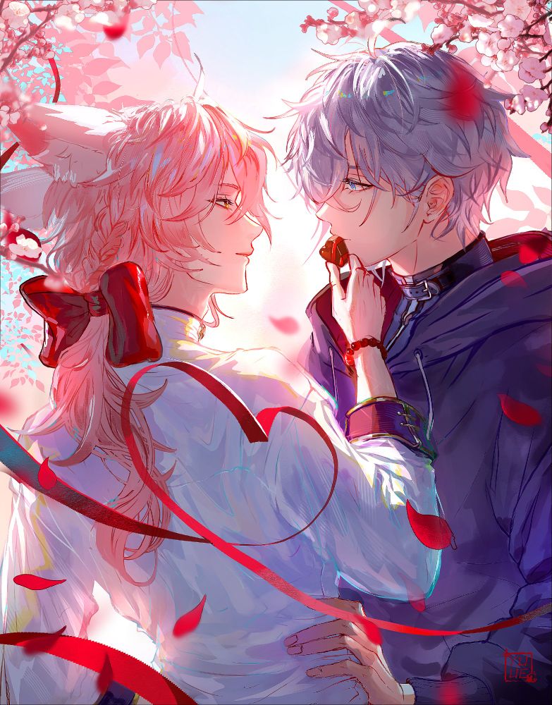 Jiaoqiu and Moze under sakura trees and falling rose petals. Jiaoqiu pushes a heart-shaped chocolate to Moze's lips as they stare into each others' eyes. A red ribbon swirls into a heart shape in front of them.