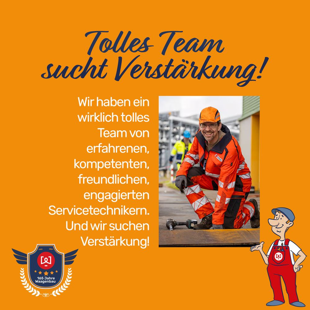 Orange Textkachel mit sehr symphatischem Waagenbauer Nico und dem Text: Tolles Team sucht Verstärkung! Wir haben ein wirklich tolles Team von erfahrenen, kompetenten, freundlichen, engagierten Servicetechnikern. Und wir suchen Verstärkung! 