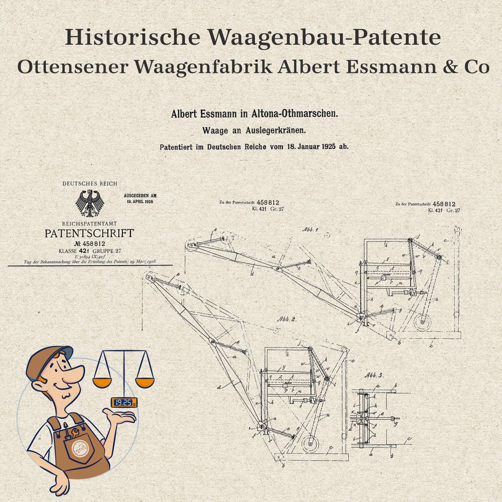 Textkachel mit einem Auszug aus Patentschrift Nr. 458812 des  Reichspatentamts vom 18. Januar 1925 über eine Wägevorrichtung an Lasthebemaschinen mit Rollenzügen zum Heben und Senken der Last. Eine technische Zeichnung ist beigefügt.