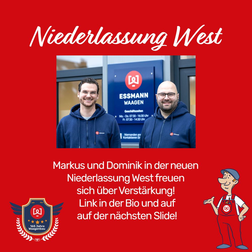 Rote Textkachel mit den beiden freundlichen Kollegen Markus und Dominik aus der neuen Niederlassung West mit dem Text: Markus und Dominik in der neuen Niederlassung West freuen sich über Verstärkung! Link und Bio auf der nächsten Slide!